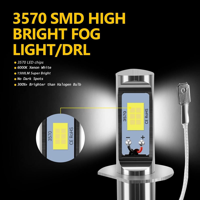 AUXLIGHT H1 LED Fog Light DRL Bulbs, 3000 Lumens Extremely Bright Bulbs Replacement for Cars, Trucks, 6000K Xenon White - Image 5