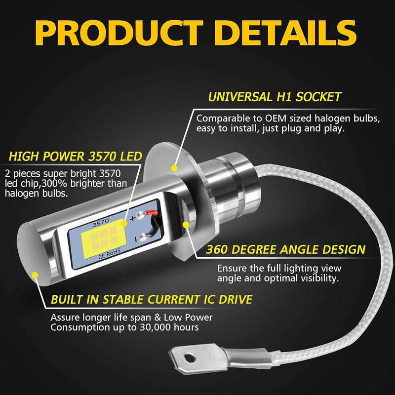 AUXLIGHT H1 LED Fog Light DRL Bulbs, 3000 Lumens Extremely Bright Bulbs Replacement for Cars, Trucks, 6000K Xenon White - Image 4