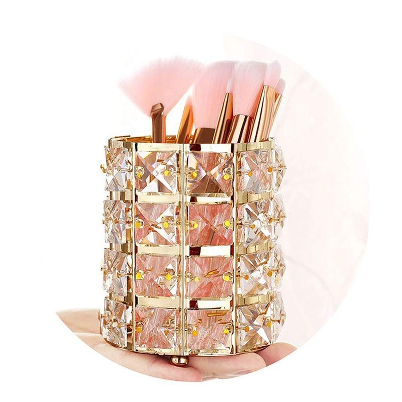 handcrafted crystal makeup brush holder eyebrow pencil pen cup collection cosmetic storage organizer for vanity,bathroom,bedroom,office desk (gold)