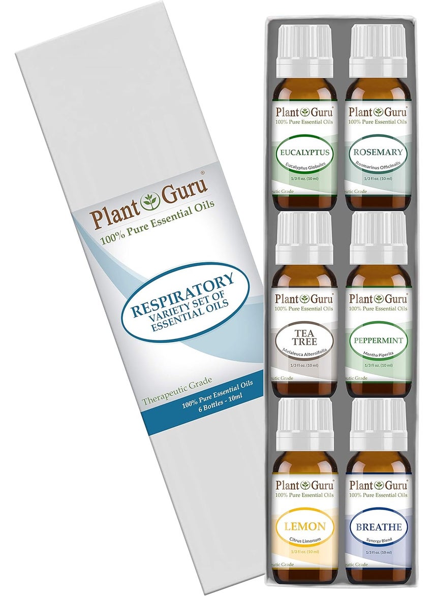 Plant Guru Respiratory Essential Oil Set 6-10 ml Pack Variety Kit 100% Pure Therapeutic Grade for Sinus, Aromatherapy Humidifier Diffuser. 