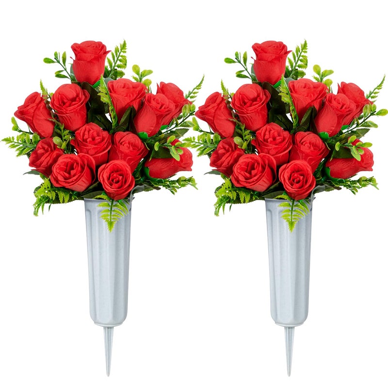 XONOR Artificial Cemetery Flowers Set of 2 Artificial Rose Bouquet Grave Memorial Flowers with Vase for Cemetery Headstones Decoration Red