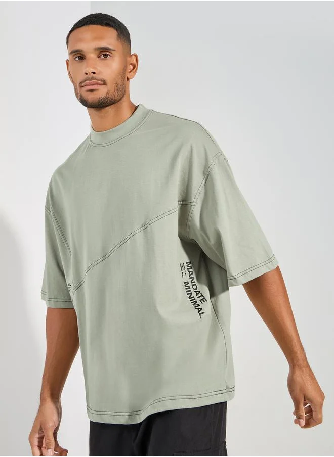 Styli Contrast Stitch Detail Boxy T-Shirt with Wide Rib Neck