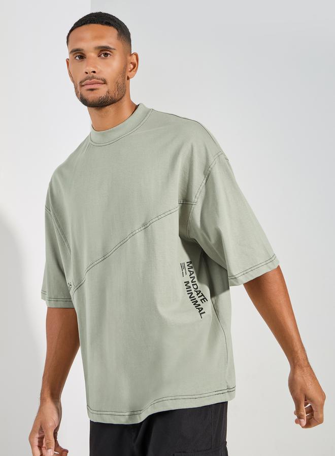 Styli Contrast Stitch Detail Boxy T-Shirt with Wide Rib Neck  - Image 1