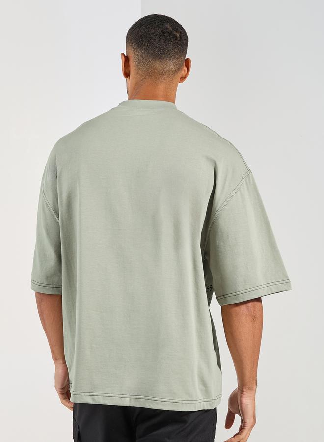 Styli Contrast Stitch Detail Boxy T-Shirt with Wide Rib Neck  - Image 4