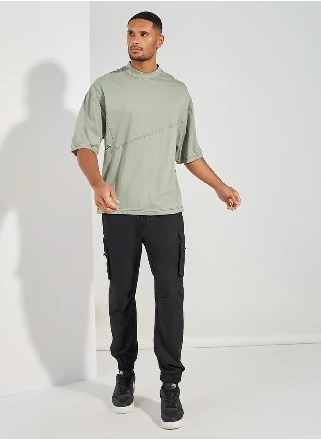 Styli Contrast Stitch Detail Boxy T-Shirt with Wide Rib Neck