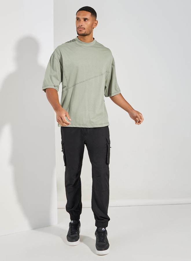 Styli Contrast Stitch Detail Boxy T-Shirt with Wide Rib Neck  - Image 2