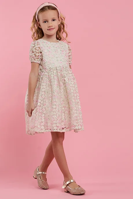 R&b Embroidered Dress with Crew Neck and Puff Sleeves