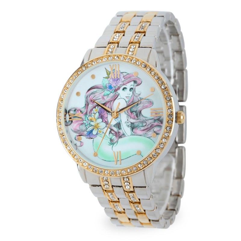 Disney Ariel Inspired Fashion Watch for Women Stylish Mermaid Character Dial with Sparkling Bezel Great Christmas Gift for Moms Women or Collectors of Animated Accessories Gold Bracelet Strap - Image 2