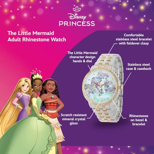 Disney Ariel Inspired Fashion Watch for Women Stylish Mermaid Character Dial with Sparkling Bezel Great Christmas Gift for Moms Women or Collectors of Animated Accessories Gold Bracelet Strap - Image 3