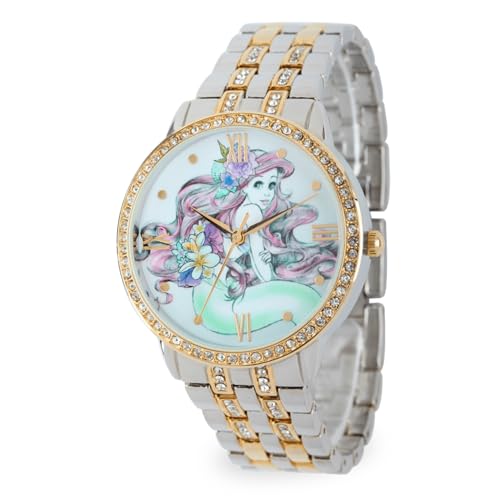 Disney Ariel Inspired Fashion Watch for Women Stylish Mermaid Character Dial with Sparkling Bezel Great Christmas Gift for Moms Women or Collectors of Animated Accessories Gold Bracelet Strap - Image 1