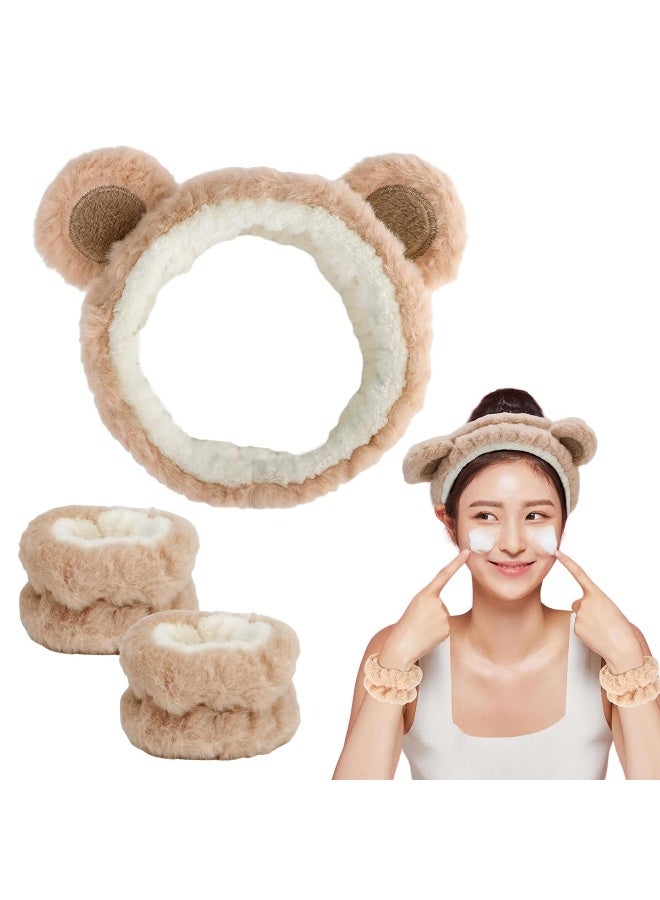 ماي كرييت عصابة رأس للعناية بالبشرة من MAYCREATE® للنساء ورباط معصم لغسل الوجه، مجموعة من 3 قطع، عصابة شعر لطيفة لمكياج الوجه وأربطة معصم منشفة، عصابة رأس سبا على شكل آذان دب لغسل الوجه للنساء والفتيات - Image 3