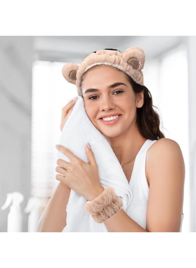 ماي كرييت عصابة رأس للعناية بالبشرة من MAYCREATE® للنساء ورباط معصم لغسل الوجه، مجموعة من 3 قطع، عصابة شعر لطيفة لمكياج الوجه وأربطة معصم منشفة، عصابة رأس سبا على شكل آذان دب لغسل الوجه للنساء والفتيات - Image 5