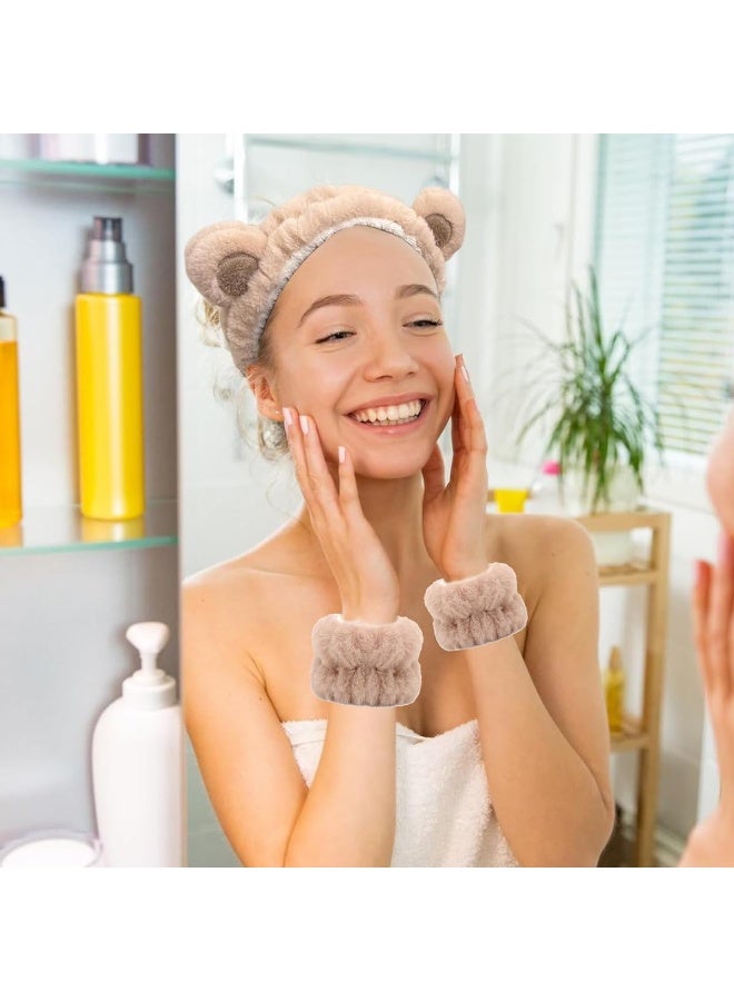 ماي كرييت عصابة رأس للعناية بالبشرة من MAYCREATE® للنساء ورباط معصم لغسل الوجه، مجموعة من 3 قطع، عصابة شعر لطيفة لمكياج الوجه وأربطة معصم منشفة، عصابة رأس سبا على شكل آذان دب لغسل الوجه للنساء والفتيات - Image 2