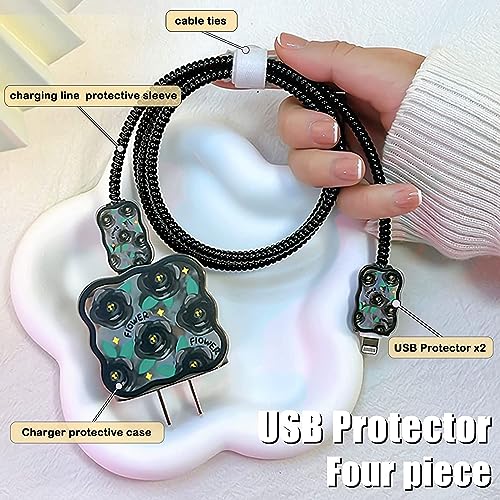 VNJ ACCESSORIES Protective Charger Case for iPhone 18W 20W iPhone 16 15 14 13 12 11 Pro Max Charging Cable Charger Protective Cover Data Cable Protective Sleeve-Black Rose - Image 2