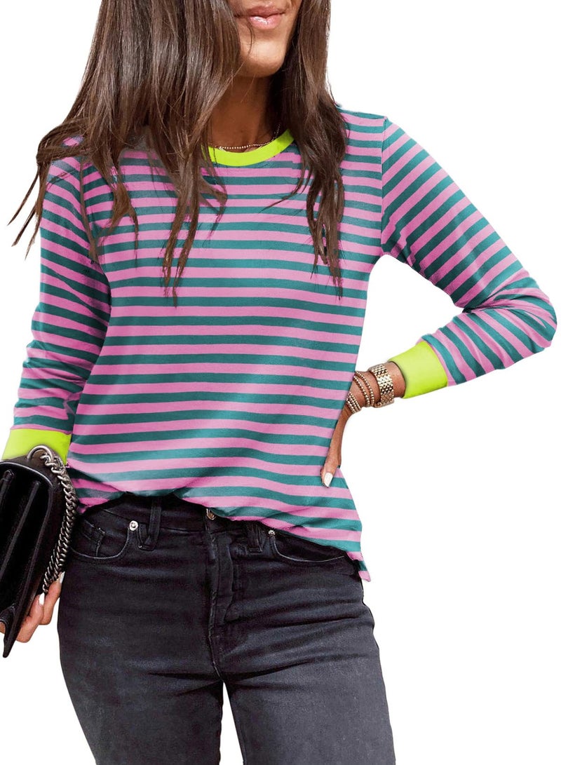EVALESS Womens Fashion 2026 Summer Spring Tops Color Block Striped Crewneck Long Sleeve Tops Shirts Loose Fit Basic T Shirts Tee Blouses Pink Small - Image 1