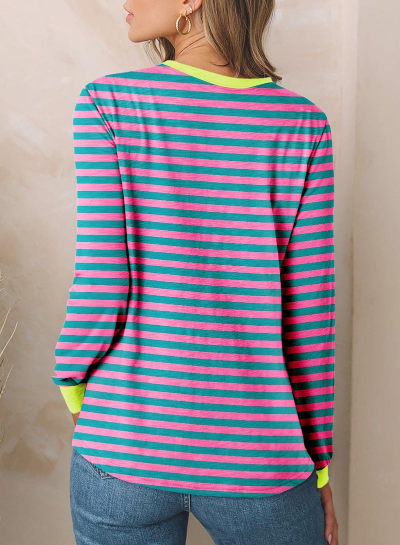EVALESS Womens Fashion 2026 Summer Spring Tops Color Block Striped Crewneck Long Sleeve Tops Shirts Loose Fit Basic T Shirts Tee Blouses Pink Small - Image 4