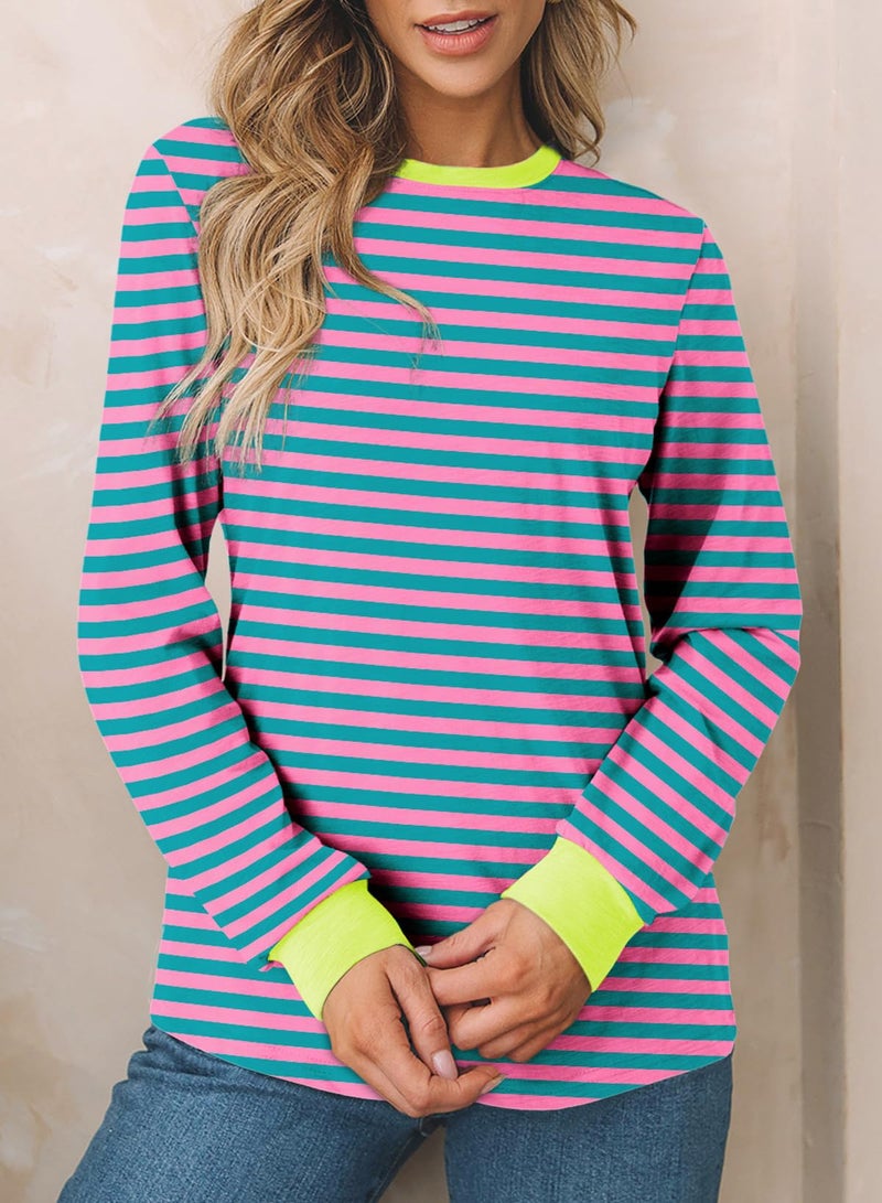 EVALESS Womens Fashion 2026 Summer Spring Tops Color Block Striped Crewneck Long Sleeve Tops Shirts Loose Fit Basic T Shirts Tee Blouses Pink Small - Image 2