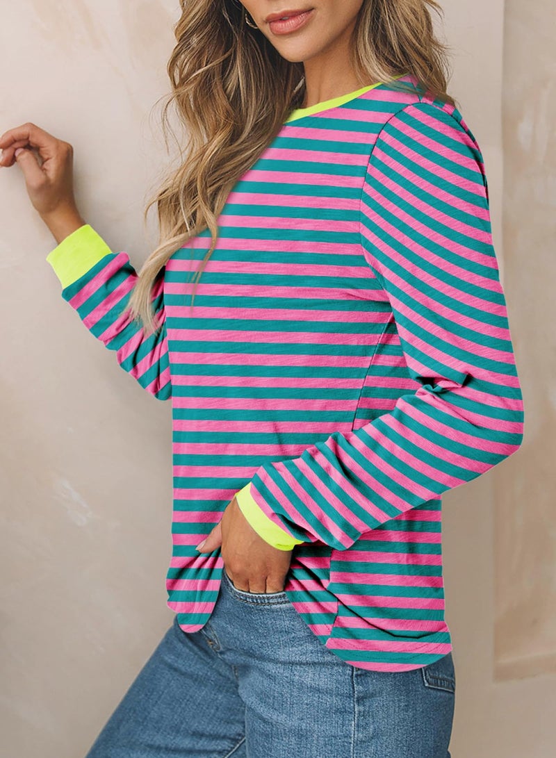 EVALESS Womens Fashion 2026 Summer Spring Tops Color Block Striped Crewneck Long Sleeve Tops Shirts Loose Fit Basic T Shirts Tee Blouses Pink Small - Image 3