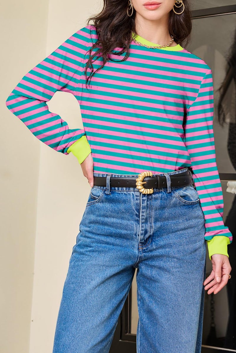 EVALESS Womens Fashion 2026 Summer Spring Tops Color Block Striped Crewneck Long Sleeve Tops Shirts Loose Fit Basic T Shirts Tee Blouses Pink Small - Image 5