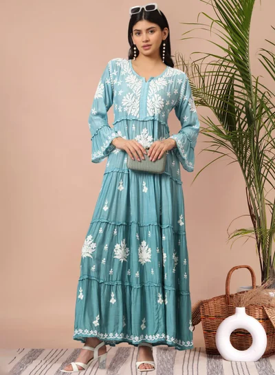 Alaya Hand Embroidered Chikankari A-Line Gathering Pattern Muslin Jalabiya-AL4003