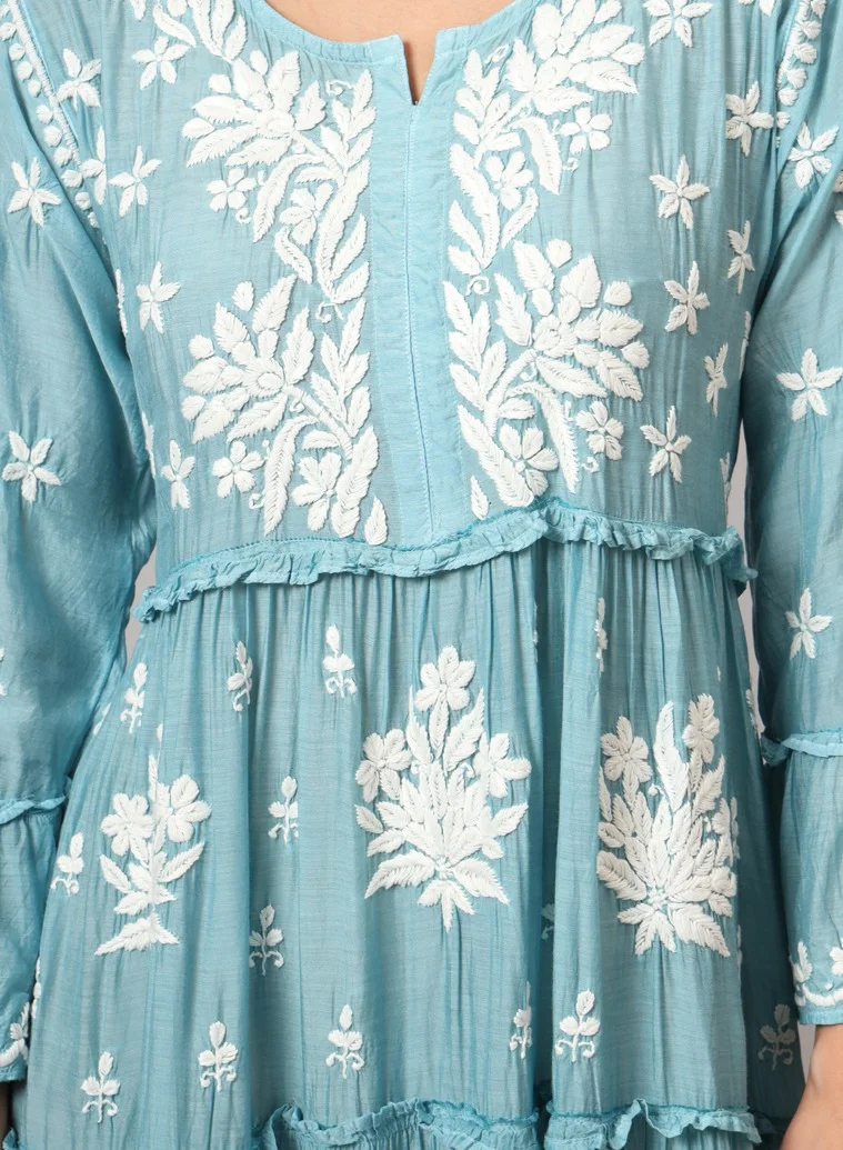 Alaya Hand Embroidered Chikankari A-Line Gathering Pattern Muslin Jalabiya-AL4003