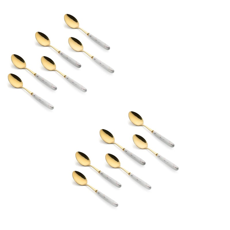 MGeezz Golden Ceramic Spoons Set for Home Kitchen Restaurant Cutlery Dinner Table Bouillon Spoon Oval Edge with Ceramic Handle Tableware Serving Spoons Golden 12 Big Spoons 185cm - Image 1