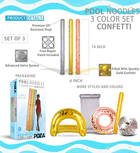POZA Inflatable Pool Noodles Premium Jumbo Pool Noodles in Gold Rose Gold and Silver Sparkly ConfettiFilled Pool Noodle Floats for Adults Kids Pool Noodles for Water Games Pool Party 3 Pack - Image 5