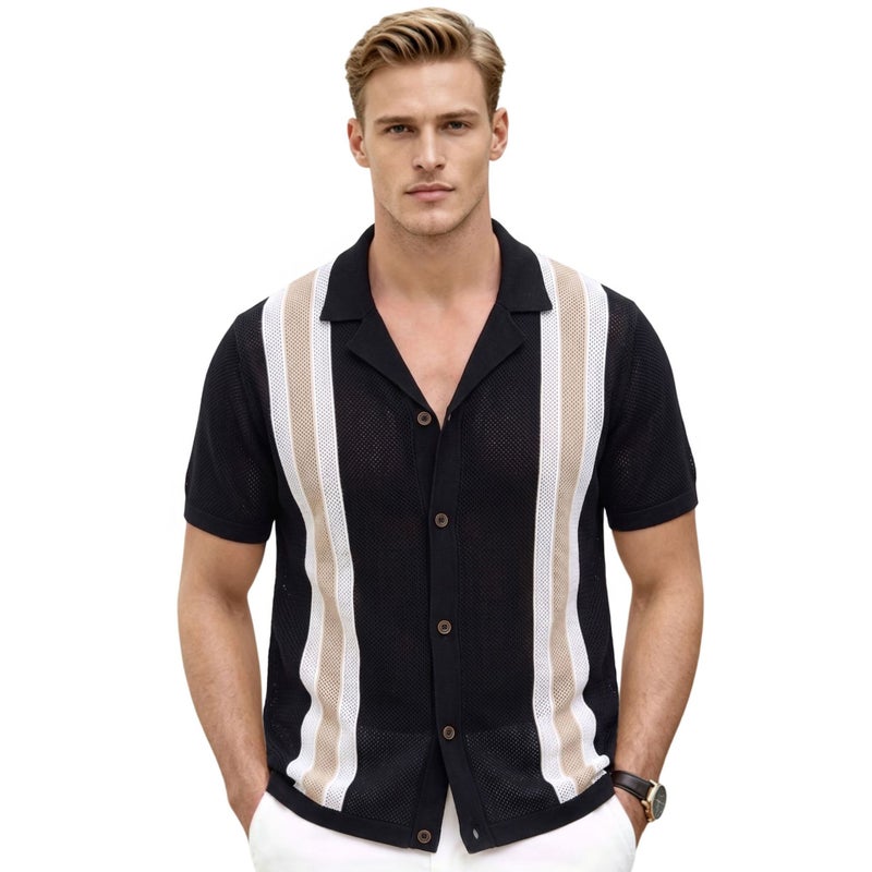 Men's Striped Knitted Polo Shirt Short Sleeve - Image 3