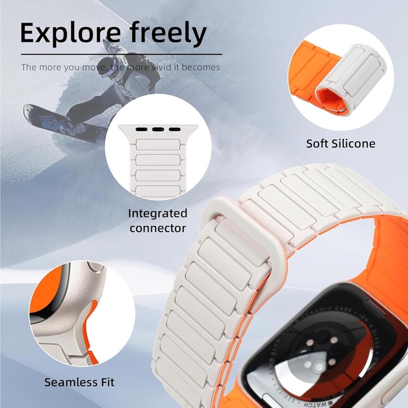 GUOi® Magnetic Silicone Watchband Compatible with Apple Watch Ultra 2＆Ultra 49mm 45mm 44mm 42mm 46mm-Men&Women Strap for iWatch Se10/9/8/7/6/5/4/3/2/1 SE 46/44/45/49/42mm(Series 3/2/1)-Antique White/Starlight - Image 3