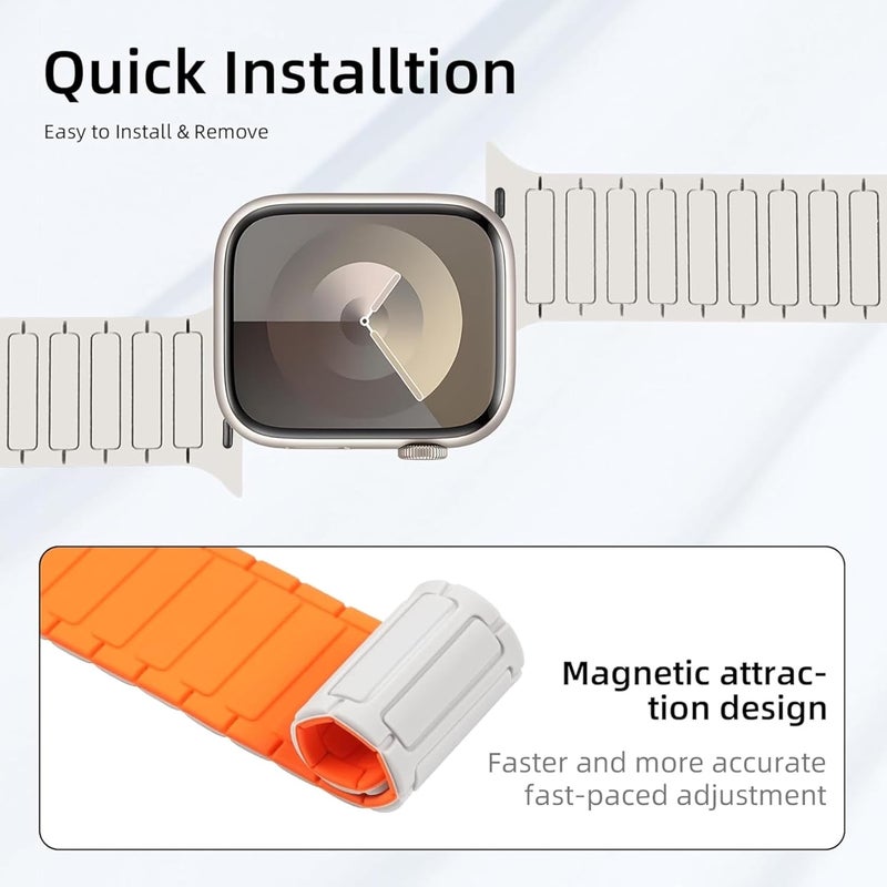 GUOi® Magnetic Silicone Watchband Compatible with Apple Watch Ultra 2＆Ultra 49mm 45mm 44mm 42mm 46mm-Men&Women Strap for iWatch Se10/9/8/7/6/5/4/3/2/1 SE 46/44/45/49/42mm(Series 3/2/1)-Antique White/Starlight - Image 5