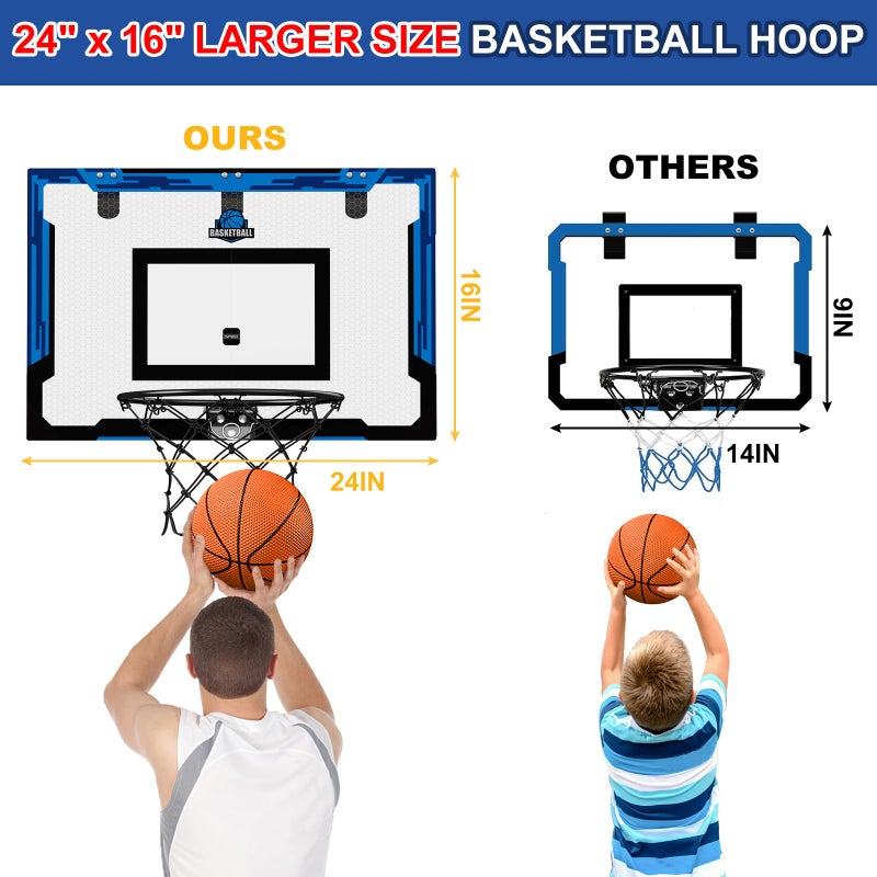 HYES 24" x 16" Large Basketball Hoop Indoor for Adults, Over The Door Basketball Hoop with Sturdy Backboard, Big Basketball Toys Gifts Ideas for Man Kids Teens Boys Girls, Blue - Image 2