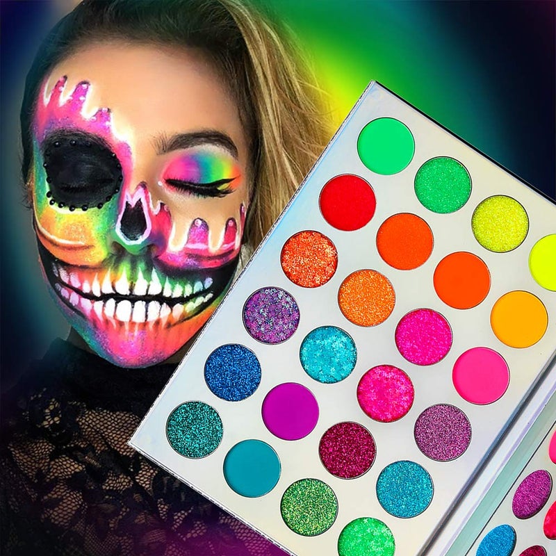 Afflano Neon Makeup Palette Eyeshadow, Glow in the Dark Colorful Eyeshadow Palette Highly Pigmented, Neon Party UV Blacklight Eye Shadow Pallet, Red Orange Pink Pressed Glitter Eyes Makeup Palette - Image 1