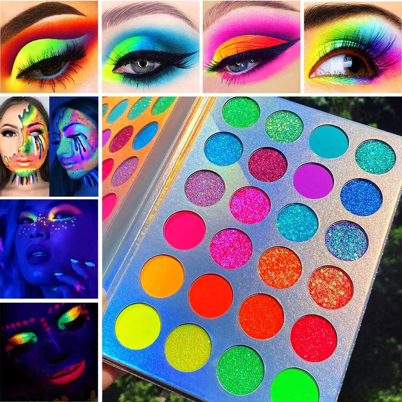 Afflano Neon Makeup Palette Eyeshadow, Glow in the Dark Colorful Eyeshadow Palette Highly Pigmented, Neon Party UV Blacklight Eye Shadow Pallet, Red Orange Pink Pressed Glitter Eyes Makeup Palette - Image 5