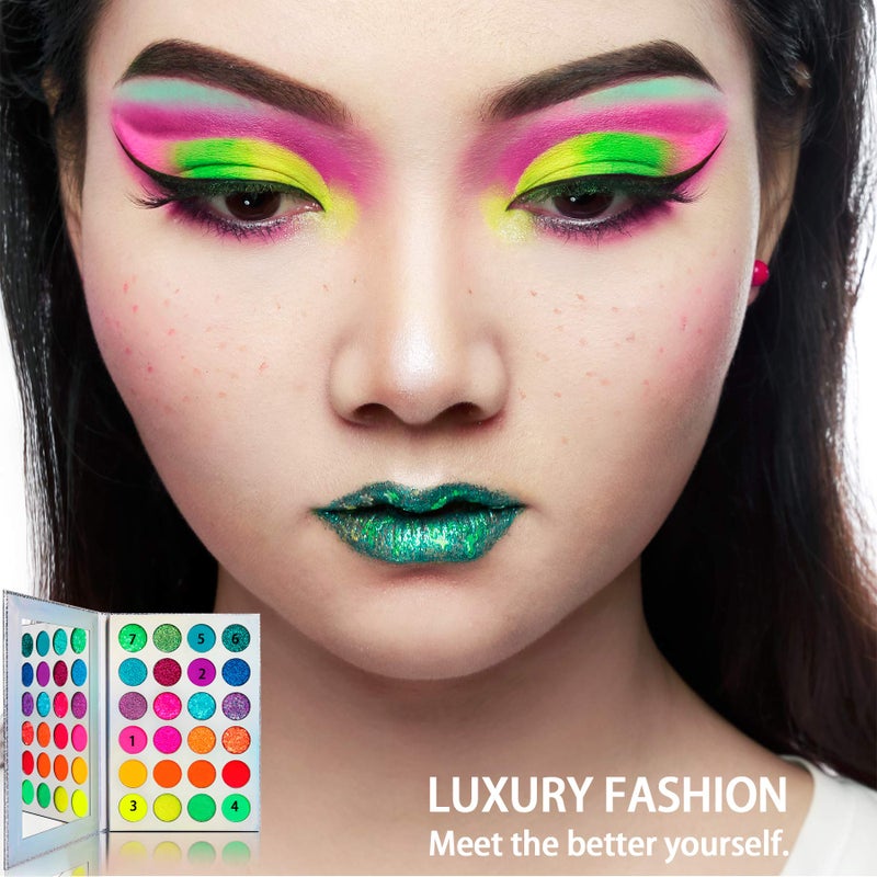 Afflano Neon Makeup Palette Eyeshadow, Glow in the Dark Colorful Eyeshadow Palette Highly Pigmented, Neon Party UV Blacklight Eye Shadow Pallet, Red Orange Pink Pressed Glitter Eyes Makeup Palette - Image 2