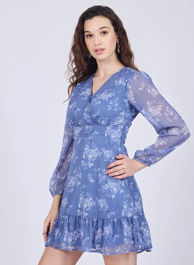 أوجيدر فستان قصير بطبعة زهور وأكمام طويلة