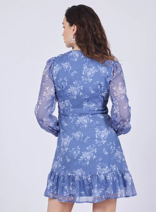 أوجيدر فستان قصير بطبعة زهور وأكمام طويلة