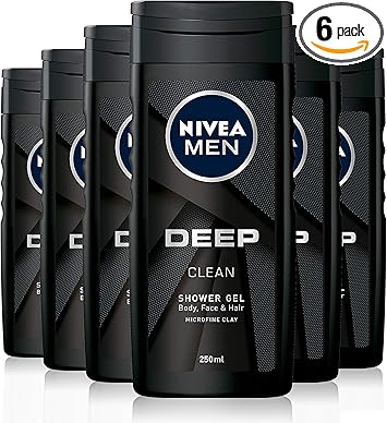 NIVEA MEN Deep Shower Gel Pack of 6 6 x 250ml Face Hair Body Wash Black Charcoal Shower Gel 24H Deeply Cleansing and Invigorating Mens Shower Gel - Image 1
