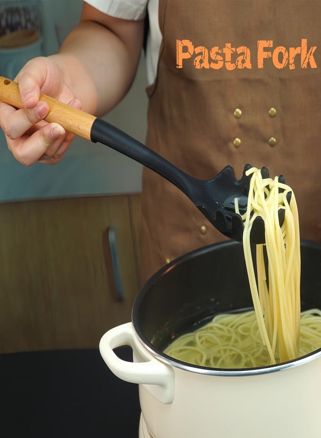 Blithely Silicone Cooking Spoon and Pasta Fork Set, 2 Pack Large Spatula Spoons Set with Wooden Handle, Nonstick Multifunction Spoon for Cooking, Serving, Mixing and Spaghetti (Black) - Image 5