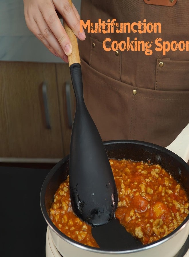 Blithely Silicone Cooking Spoon and Pasta Fork Set, 2 Pack Large Spatula Spoons Set with Wooden Handle, Nonstick Multifunction Spoon for Cooking, Serving, Mixing and Spaghetti (Black) - Image 3