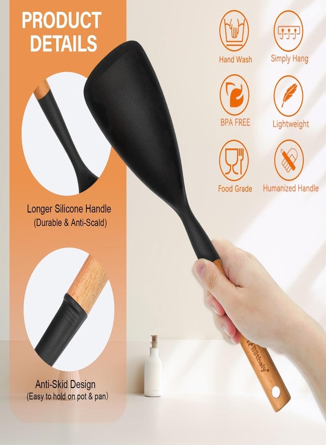 Blithely Silicone Cooking Spoon and Pasta Fork Set, 2 Pack Large Spatula Spoons Set with Wooden Handle, Nonstick Multifunction Spoon for Cooking, Serving, Mixing and Spaghetti (Black) - Image 2