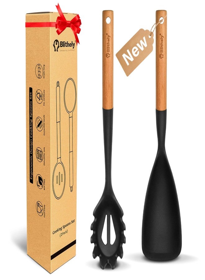 Blithely Silicone Cooking Spoon and Pasta Fork Set, 2 Pack Large Spatula Spoons Set with Wooden Handle, Nonstick Multifunction Spoon for Cooking, Serving, Mixing and Spaghetti (Black) - Image 1