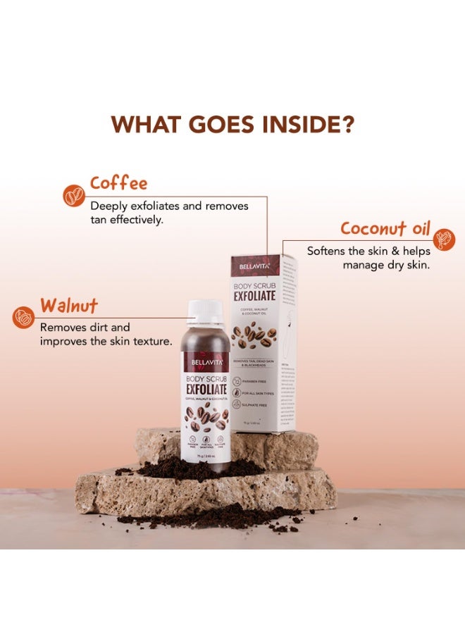 Bella Vita Organic Exfoliate Coffee Scrub For Face & Body, Blackhead Remover, De Tan Removal Ayurveda, Dirt Removal From Neck, Knees, Elbows, Arms, Pack of 2 (75 gm Each) - Image 4