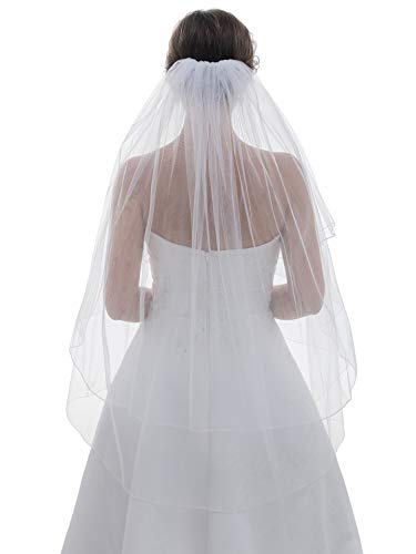 SAMKY 2T 2 Tier Classic Pencil Edge Bridal Wedding Veil - White Fingertip Length 36" V258 - Image 3