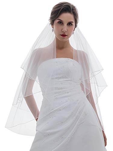 SAMKY 2T 2 Tier Classic Pencil Edge Bridal Wedding Veil - White Fingertip Length 36" V258 - Image 2