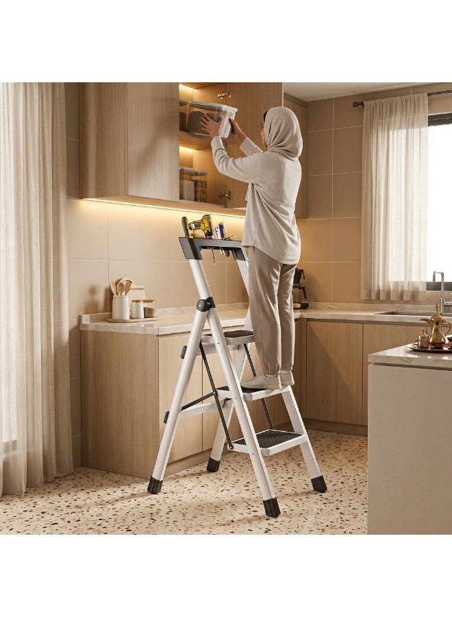 رؤية سلم قابل للطي 3 درجات، درجة منزلية قابلة للطي مع حامل أدوات، درجة عريضة مضادة للانزلاق، سلم من الفولاذ الكربوني المتين للبالغين للاستخدام في المنزل والمطبخ والحديقة والمكتب - Image 1
