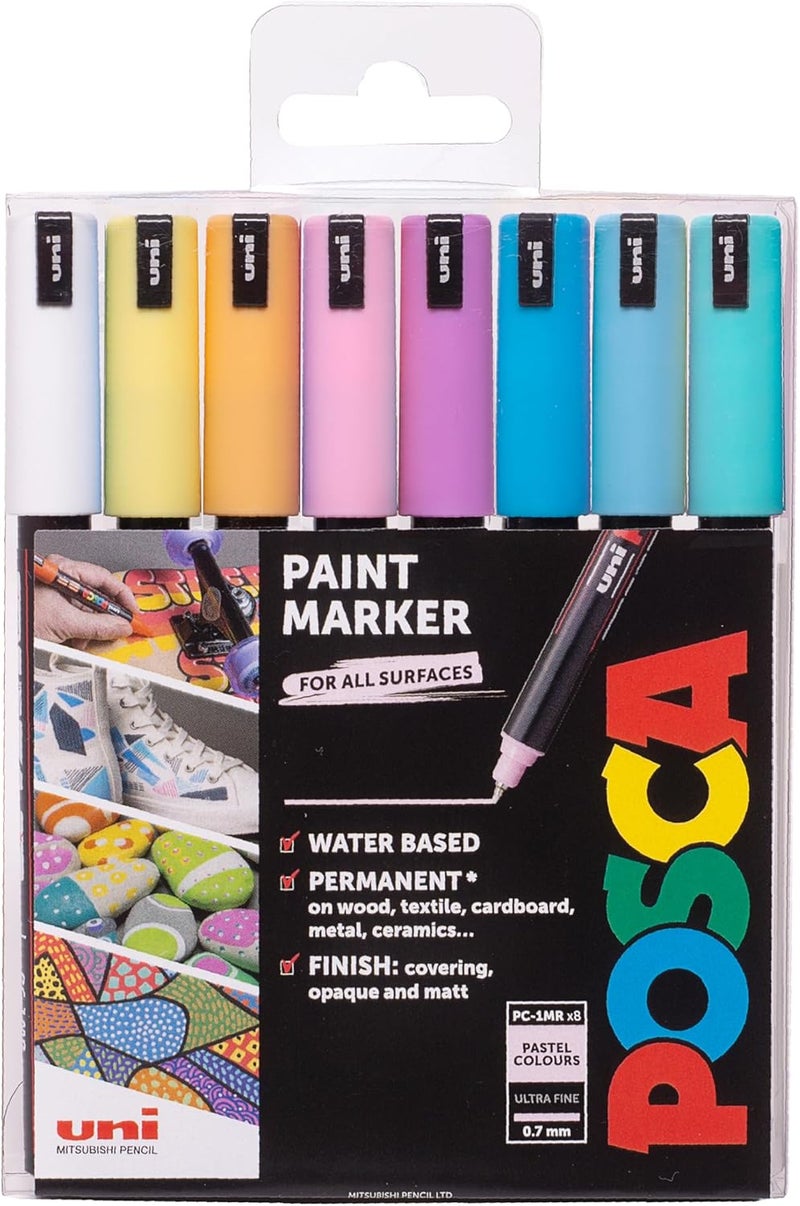 POSCA أقلام تلوين دائمة مائية من بوسكا PC-1MR - مجموعة من 8 ألوان باستيل - Image 1