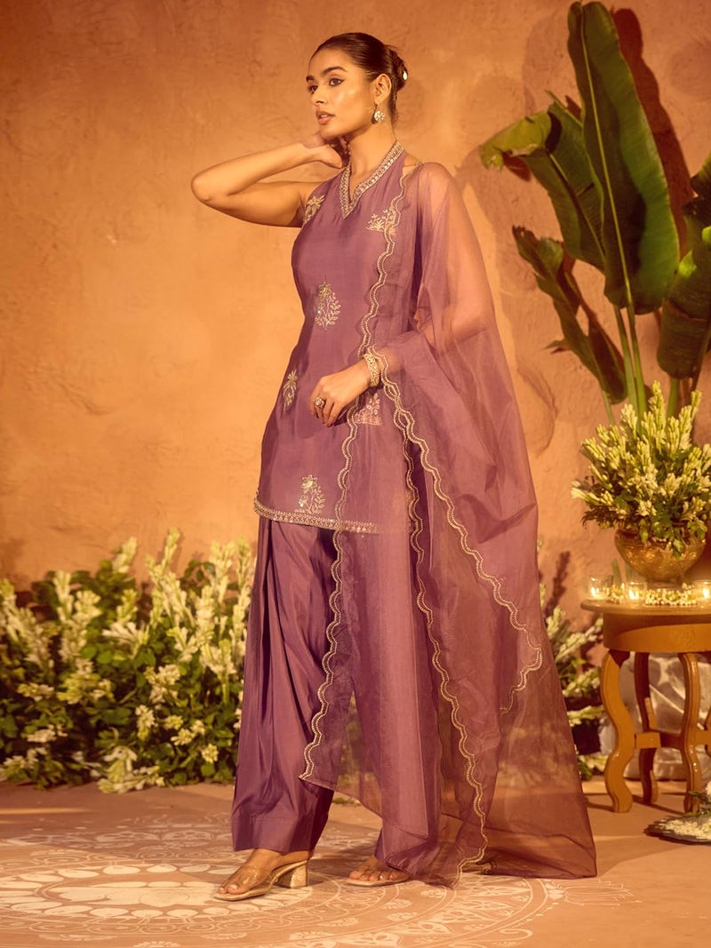 FIORRA Women’s Lavender Viscose Chanderi Embroidered Ethnic Straight Kurta Set with Dupatta SET0236 - Image 4