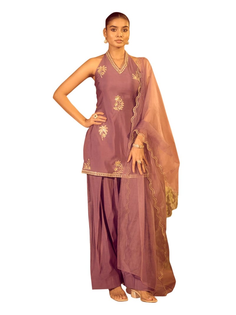FIORRA Women’s Lavender Viscose Chanderi Embroidered Ethnic Straight Kurta Set with Dupatta SET0236 - Image 1