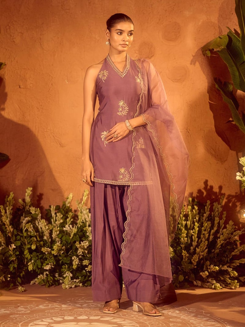 FIORRA Women’s Lavender Viscose Chanderi Embroidered Ethnic Straight Kurta Set with Dupatta SET0236 - Image 3
