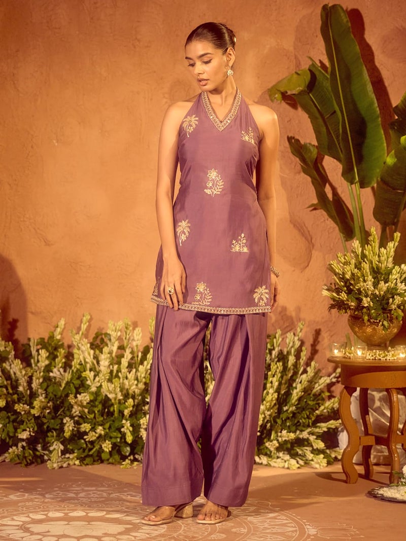 FIORRA Women’s Lavender Viscose Chanderi Embroidered Ethnic Straight Kurta Set with Dupatta SET0236 - Image 5